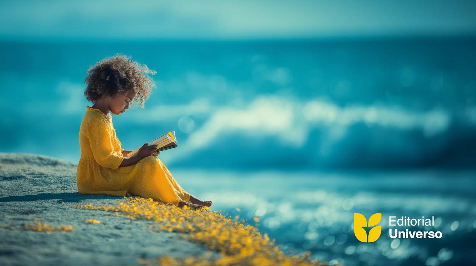 Criança lendo na praia